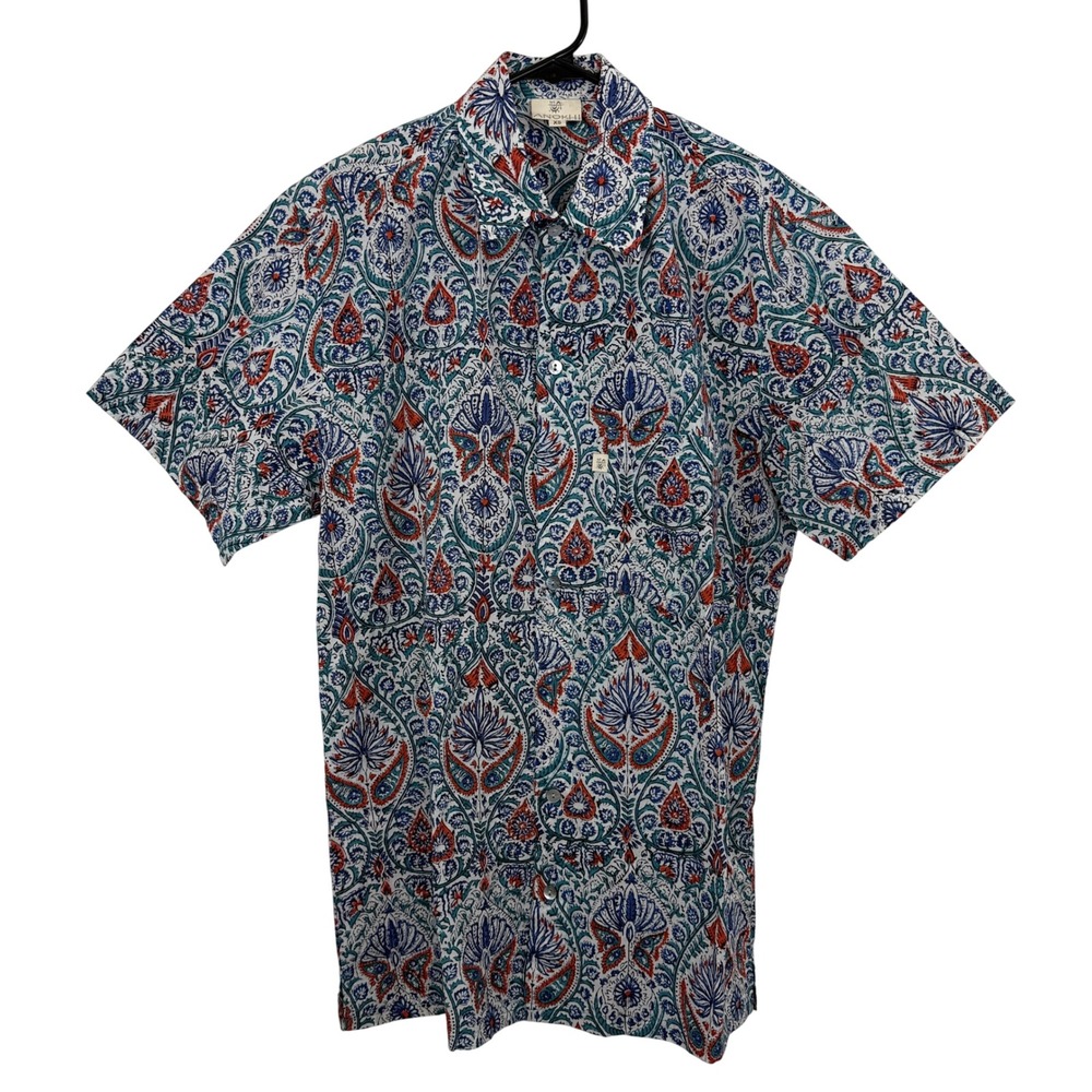 Anokhi Shirt Mens XS Blue Orange Paisley Block Print Short Sleeve Button Down
